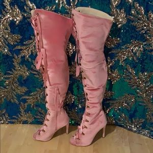 Baby Pink Velvet Thigh High Laced Heeled Boots